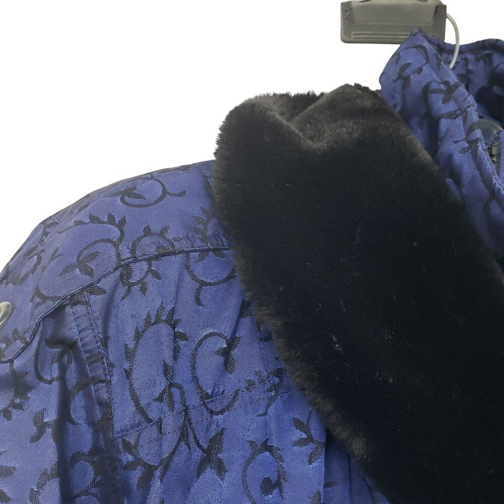 Vintage Nils Down Fill Ski Jacket Winter Coat Fur Trim Blue Jacquard Print Retro - Picture 8 of 16